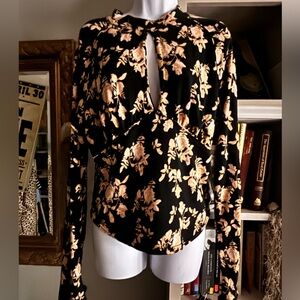Free People Dinner Party Keyhole Black Multi Long Sleeve Top XL NWT
